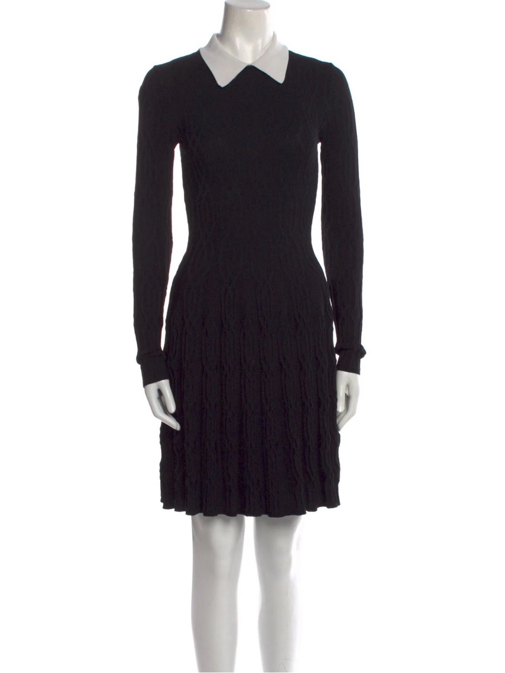 Sandro Black Knit Long-Sleeve Dress with White Collar